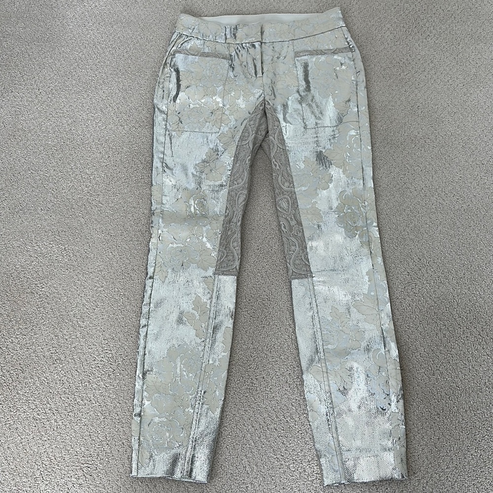 Bryan Lars Beauty Mark designer silver Lamé pants with cream and white flowers